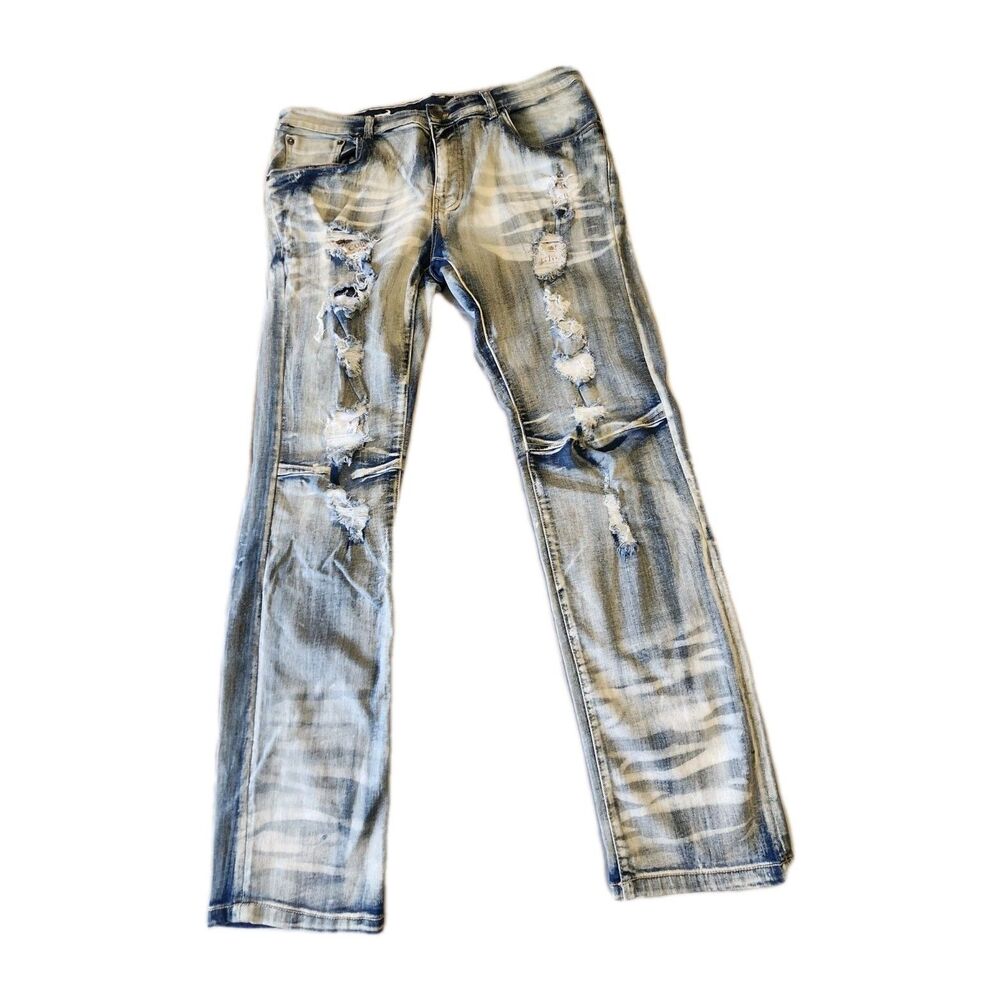 Copper Rivet Men's Distressed Slim Fit Jeans Size 38/32 Blue w/ Rips & Holes